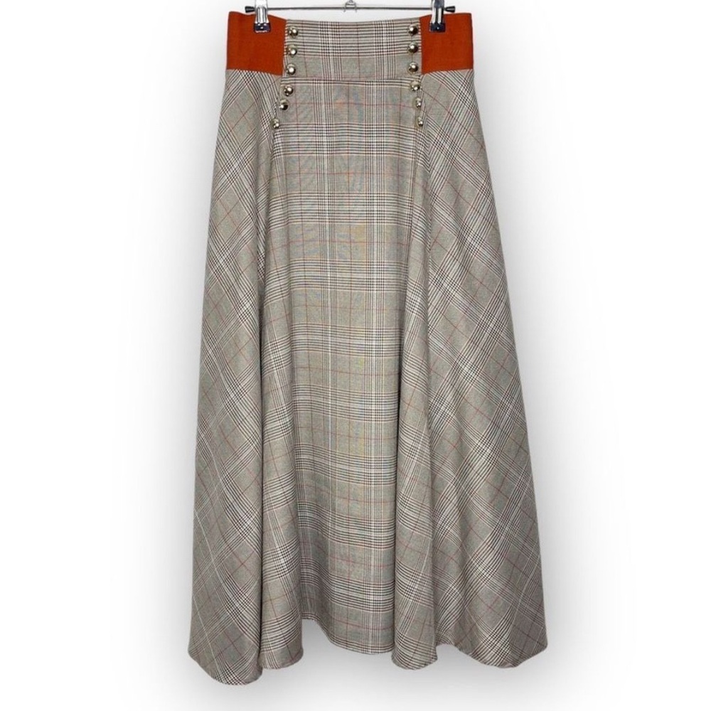 Tartan Plaid A Line Maxi Skirt Academia CottageCore Tan Gold Women’s Size Small